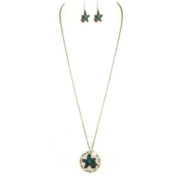Silver Starfish Necklace Earrings Set Love Saying - Picture 2 of 3